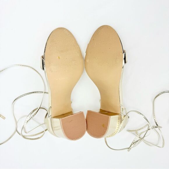 Lulus KAIRA Metallic Gold Open Toe Cord Wrap Ankle Tie Block Heel Sandals - Picture 14 of 16